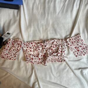 TIGER MIST Floral White Off The Shoulder Tube Top Tie Bralette Small Red